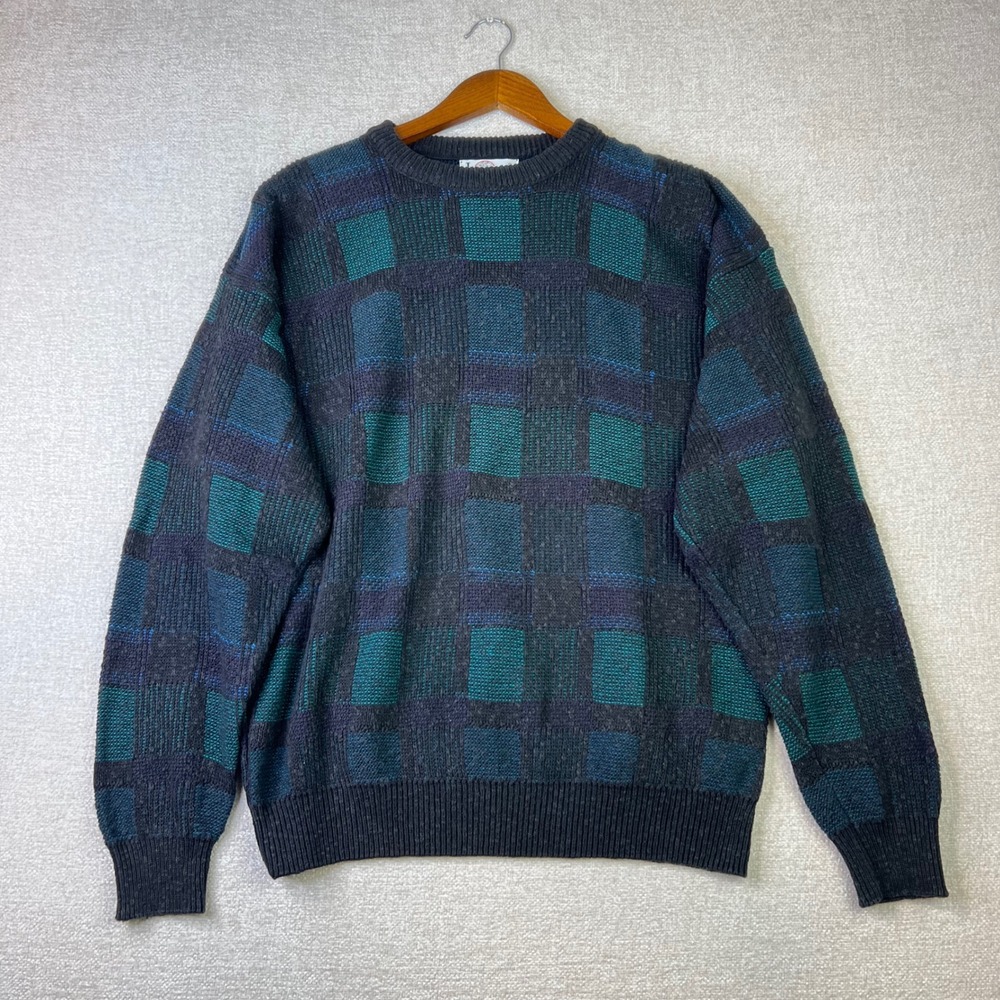 Vintage Jantzen Mens Large Geometric Block Knit Sweater Teal Navy Dark Academia